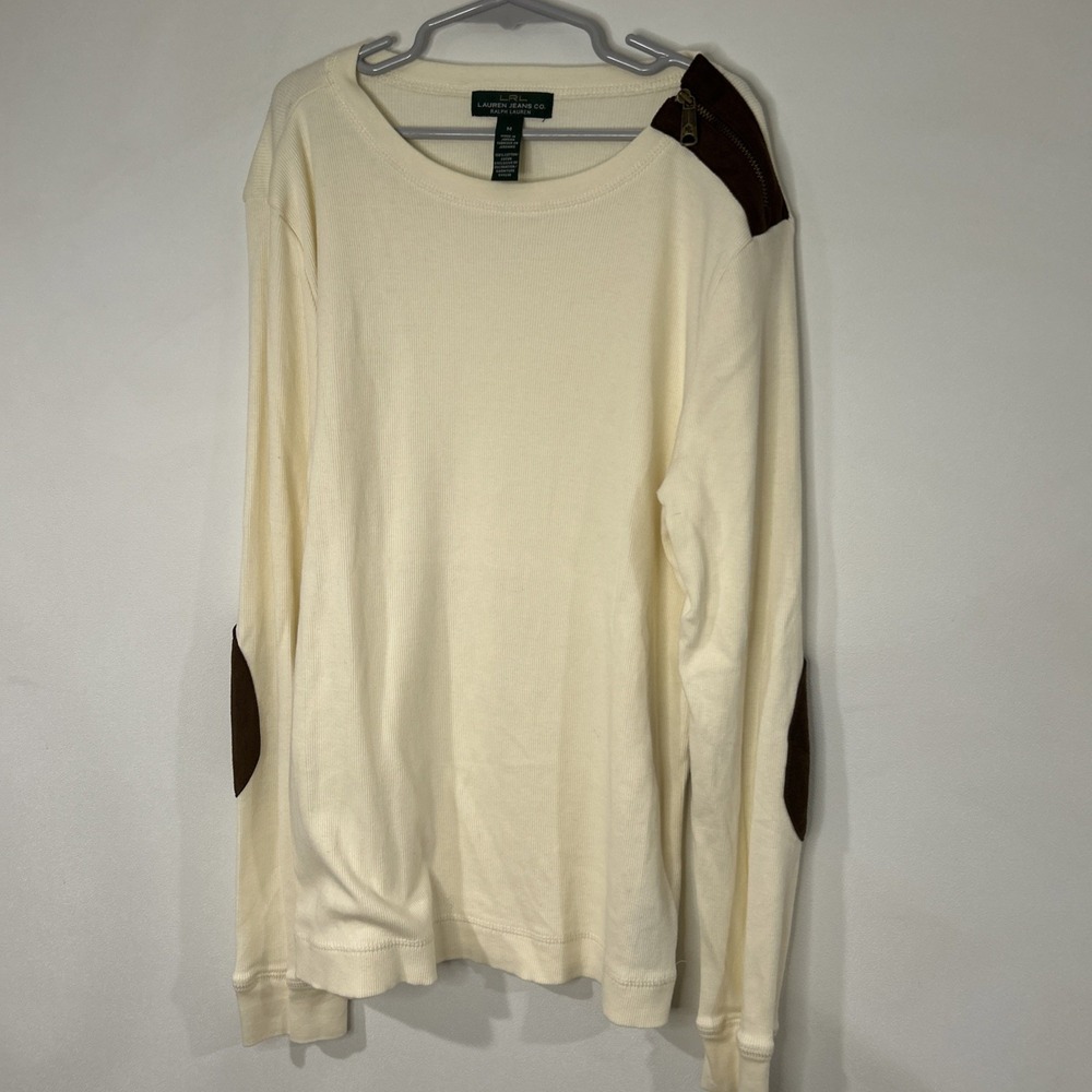 Vintage LRL Lauren Jeans Co Ralph Lauren Ribbed Elbow-Patch Top Size MediumIvory